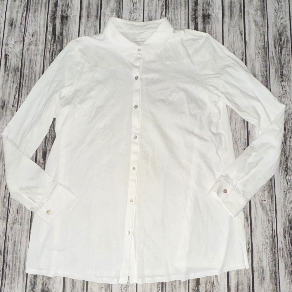 Eileen Fisher Shirt Womens Medium White Organic Cotton Button Front Made in USA